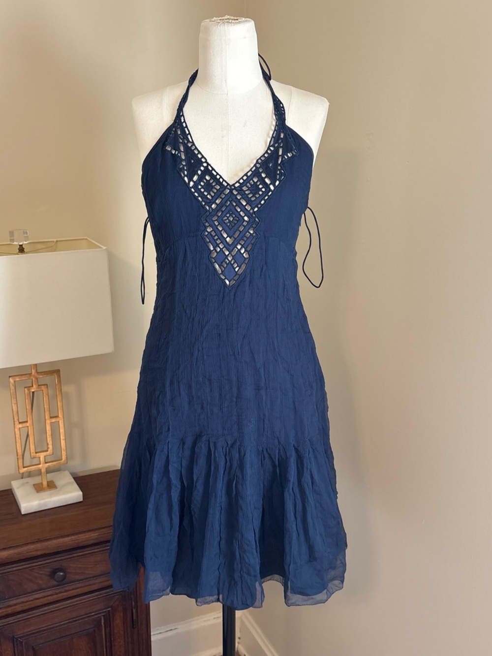 Catherine Malandrino Navy Halter Dress with Crochet Yoke